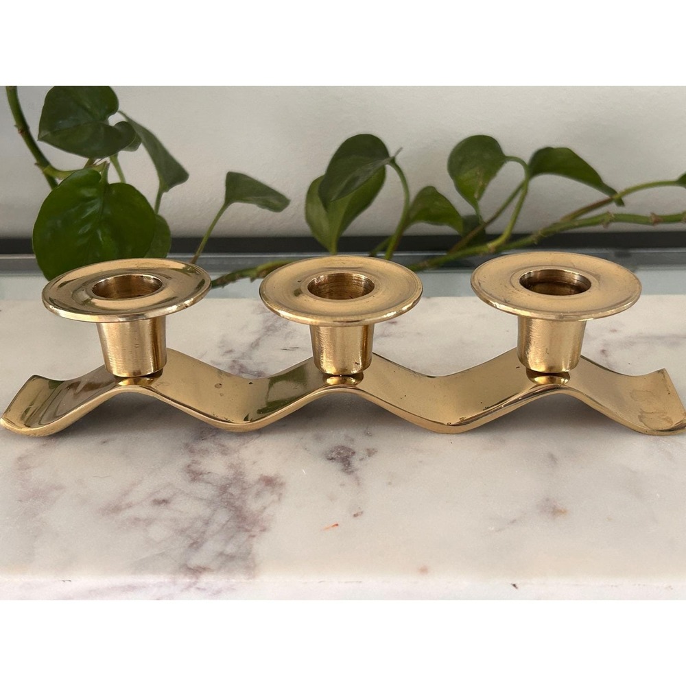 Vintage Solid Brass Wavy Ribbon Triple Taper Candle Holder MCM Made in Korea